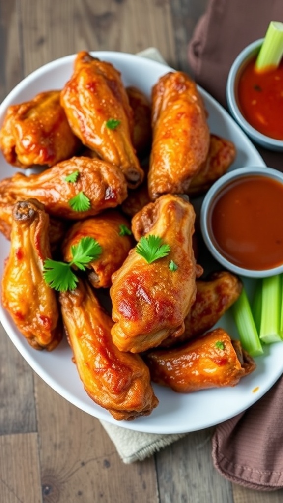 Crispy oven-fried chicken wings served with dipping sauce and celery sticks on a wooden table.